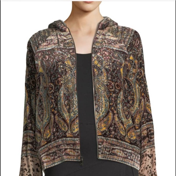 Haute Hippie Sahara Zip Front Beaded Printed Bomber Jacket Velour Paisle… - Picture 1 of 9